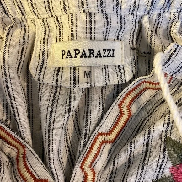 Floral Embroidered Cotton Bubble Sleeve Bohemian Tassel Striped Women's Top Sz M - Picture 5 of 9